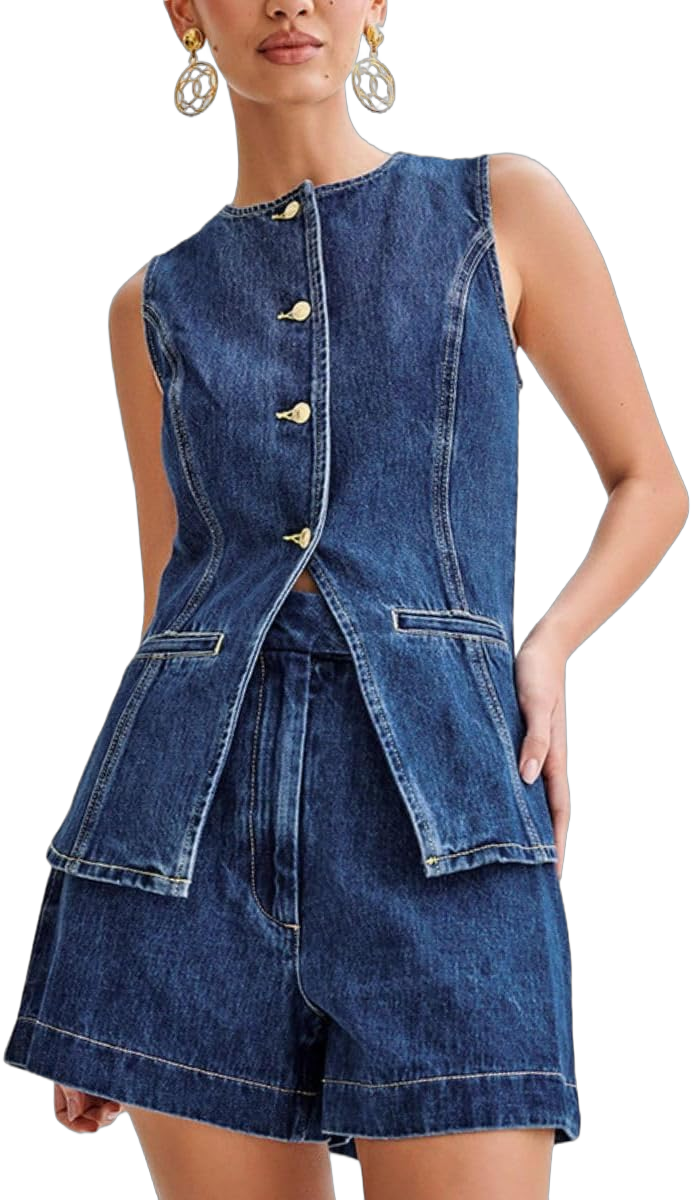 ELFTOWN Women's Denim 2 Piece Outfits Casual Button Down Sleeveless Top Trendy High Waist Jean Shorts Small Blue