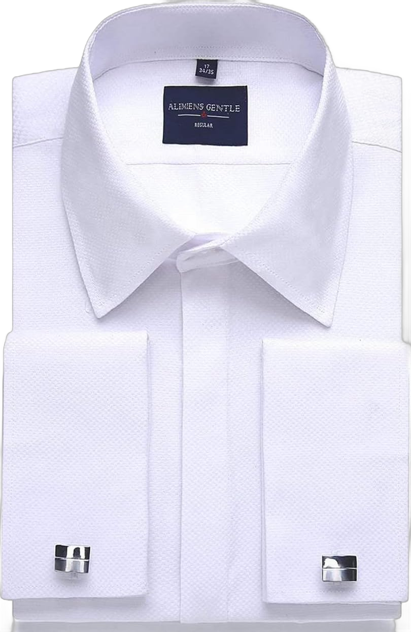 Alimens & Gentle Men's Dress Shirts French Cuff Long Sleeve Regular Fit (Include Metal Cufflinks and Metal Collar Stays) White 20.5" Neck 35"-36" Sleeve