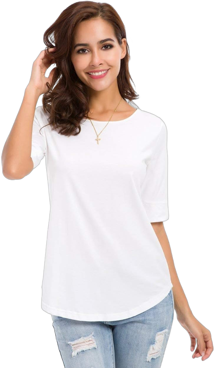 LUSMAY Womens Cotton Tops Summer Casual Fitted T Shirt Half Sleeve Tunic Comfy Tee Small White