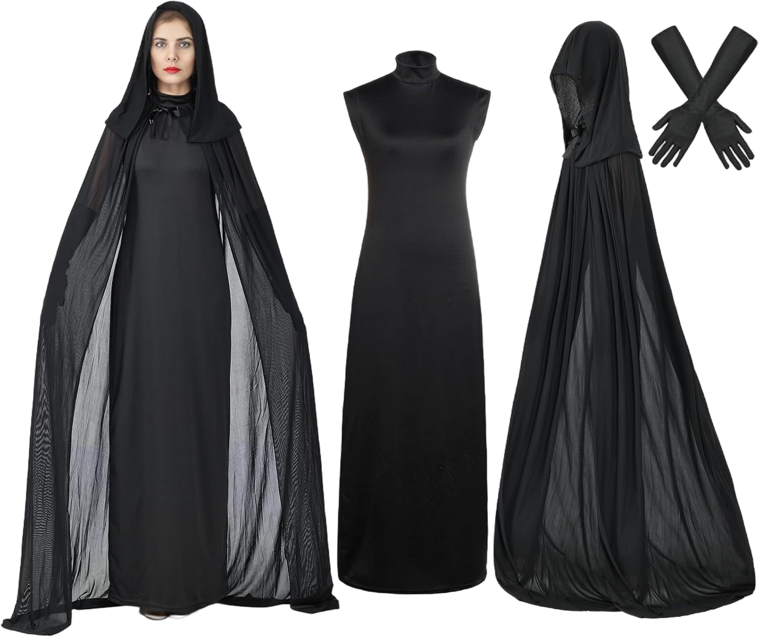 hoyuwak Black Witch Costume for Women Halloween Vampire Dress Up Accessories (Including Mesh Hooded Cape, Dress, Gloves) X-Large