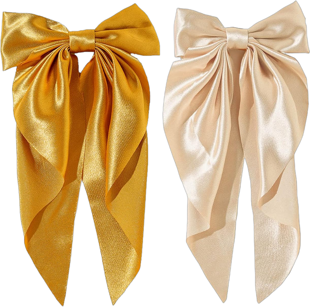 2Pcs Super Big Bow Hair Clips French Style Soild Color Knotted Bowknot Spring Snap Barrettes Hair Clips with Long Ribbon for Women Girls (Champagne+Gold)