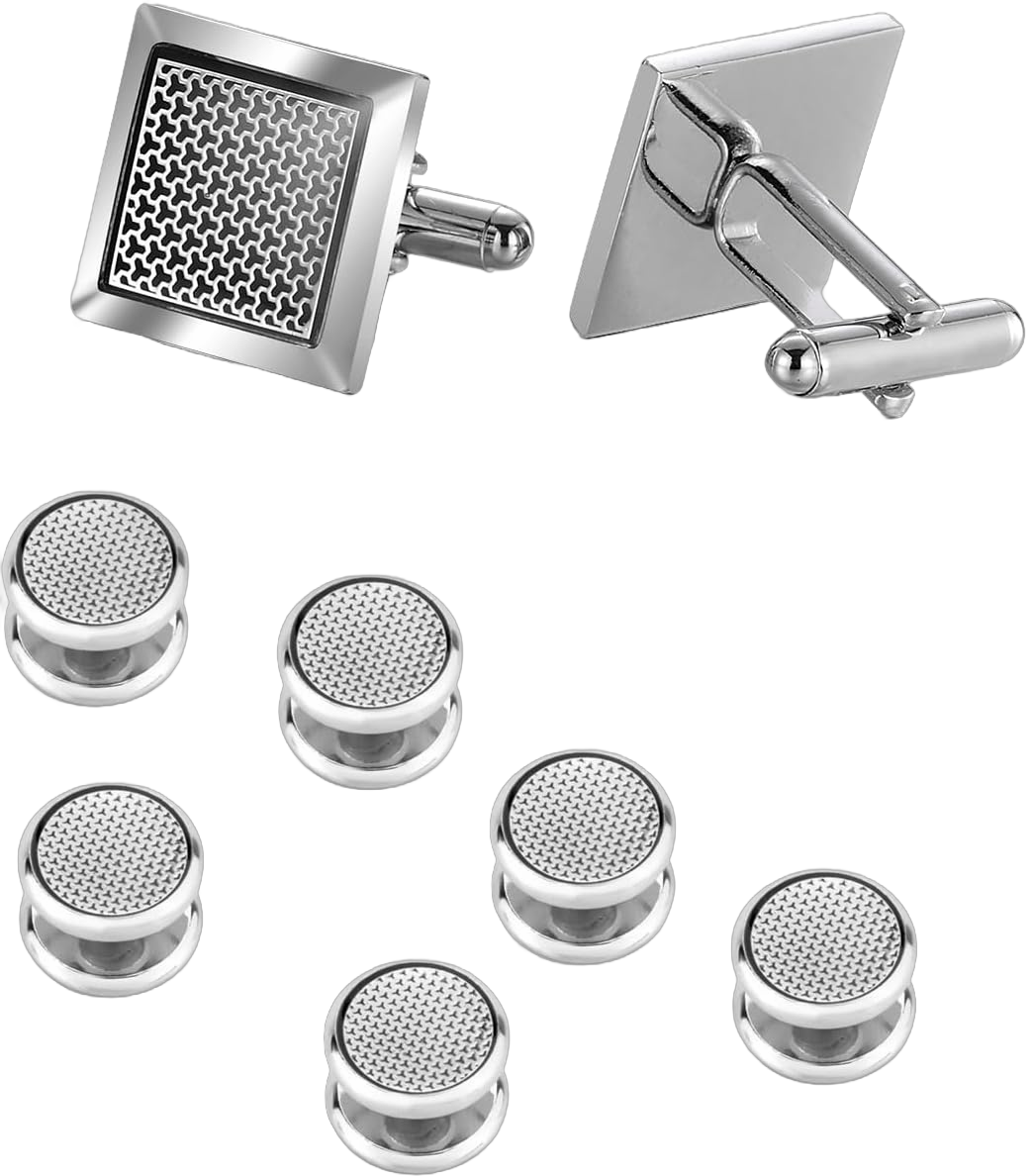 wynameleri Cufflinks and Studs Set Square Shirt Tuxedo Buttons Packed in Cufflink Box for Men Silver