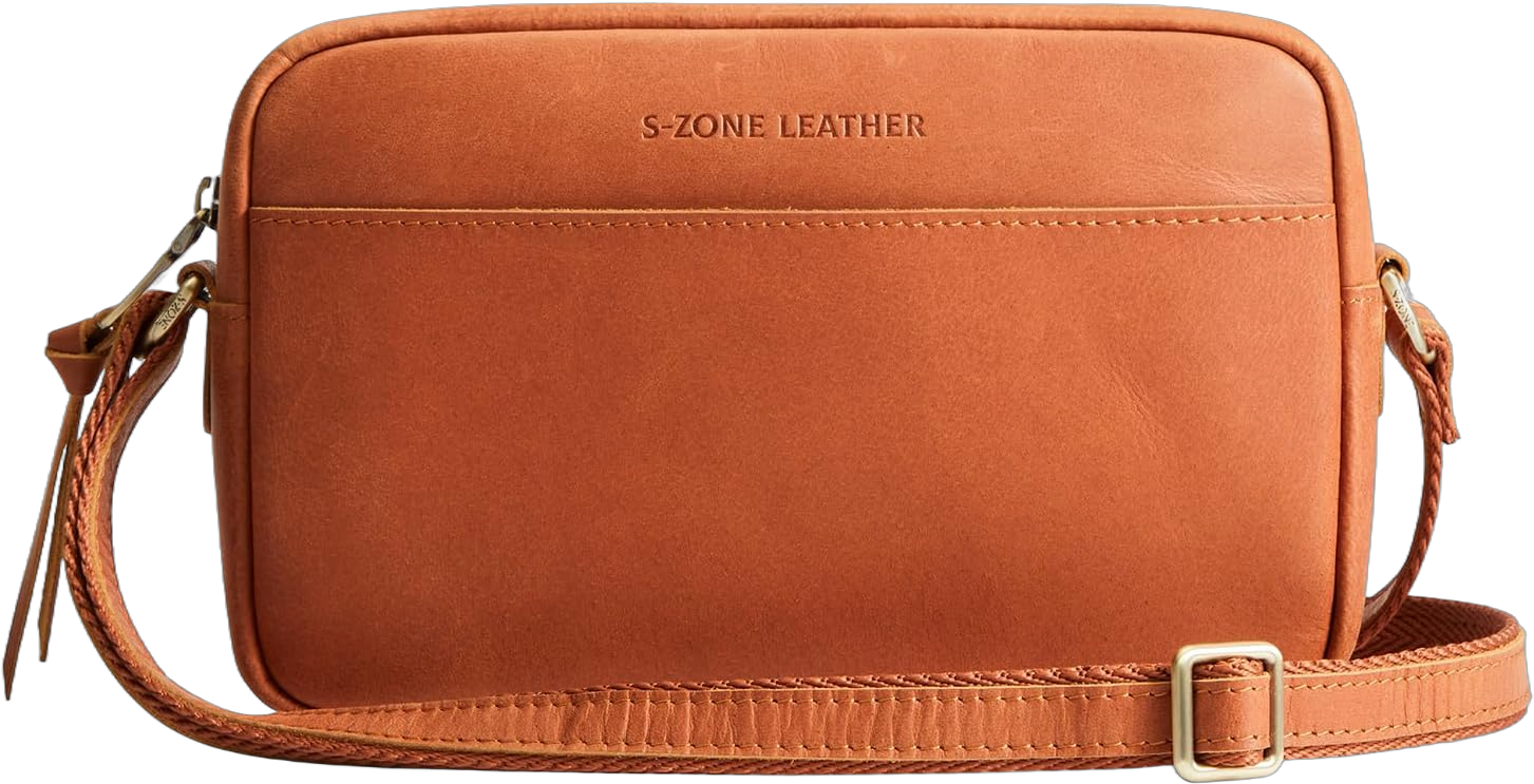 S-ZONE Crossbody Bags for Women Top Grain Leather Shoulder Handbags Camera Bag Purse Adjustable Strap Travel Daily Gift Cognac