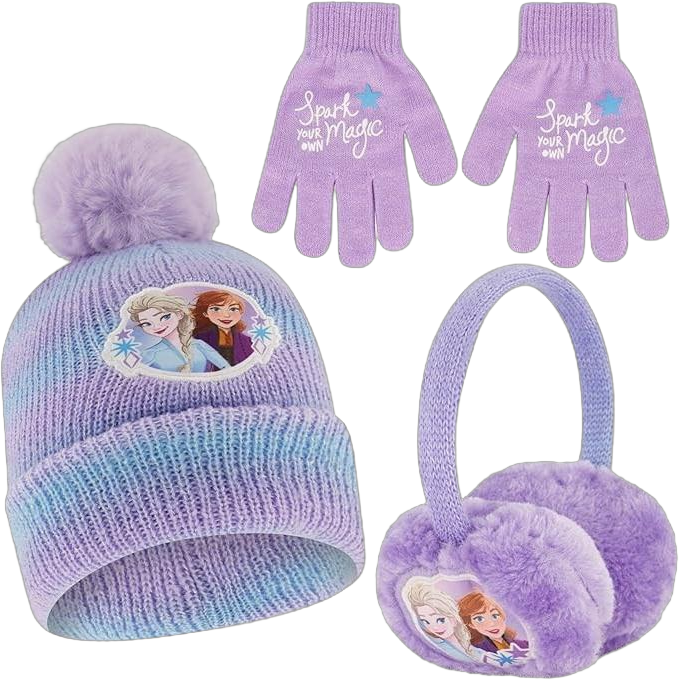 Frozen Elsa and  Anna Winter Hat, Earmuff, and Gloves set, Little Girls Ages 4-7