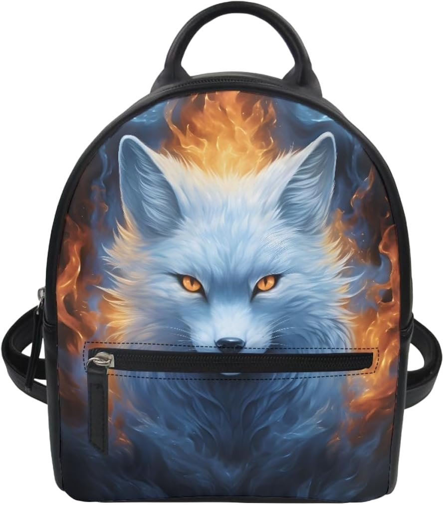 KIDVOVOU Mini Backpack Purse for Women Men, Wolf Fox Printed PU Leather Waterproof Bookbag Casual Lightweight Daypack,Fire Ice Fox