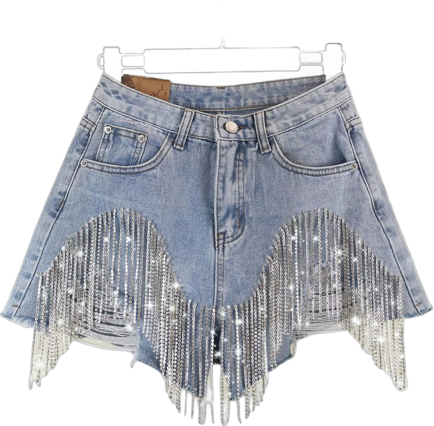 Akivide Women's Summer Tassels Denim Shorts High Waist Casual Ripped Rhinestone Fringe Jean Shorts with Pockets Blue X-Large