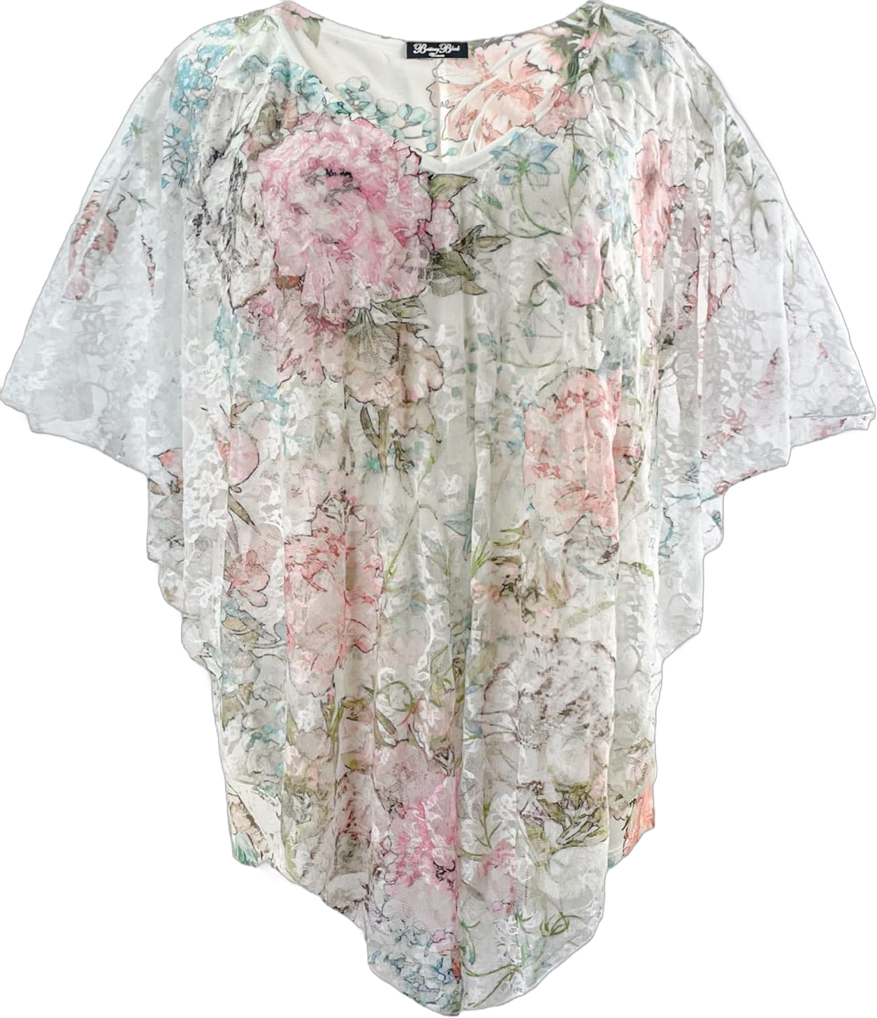 Brittany Black Women’s V-Neck 3/4 Sleeve Lace Poncho Floral Print Knit Blouse Pink Blue Soft Pastel Floral/White Stretch Lace 2X