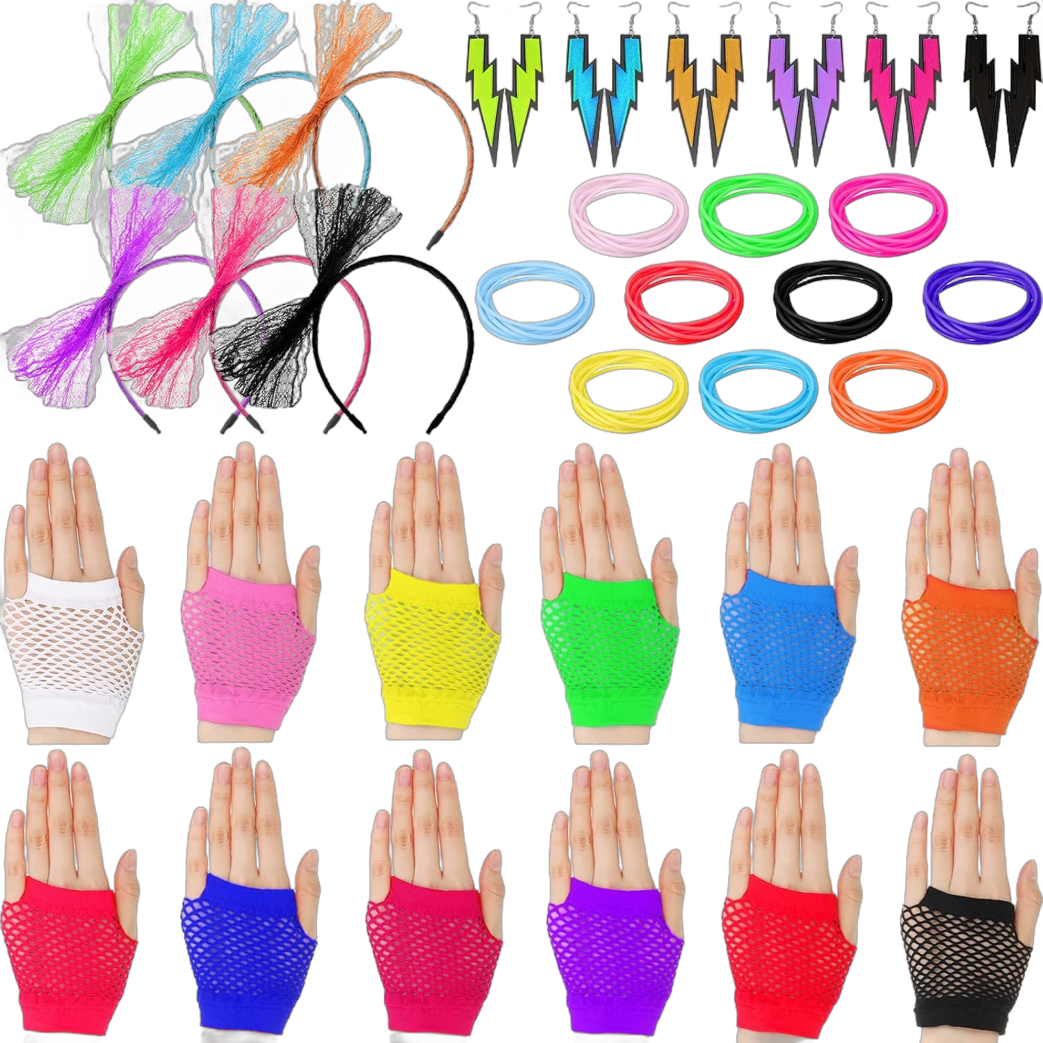 Zhanmai 144 Pcs 80s Disco Neon Costume Accessories Set for Women 120 Pieces Neon Jelly Bracelet 12 Pairs Fishnet Wrist Glove 6 Pieces Lace Headband 6 Pair Neon Earring 80s Party Favor