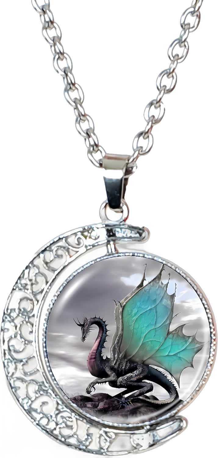 DEQIYIJI Dragon Gifts Wing Dragon Moon Pendant Necklace Jewelry For Women Dragon Lovers Stuff Silver