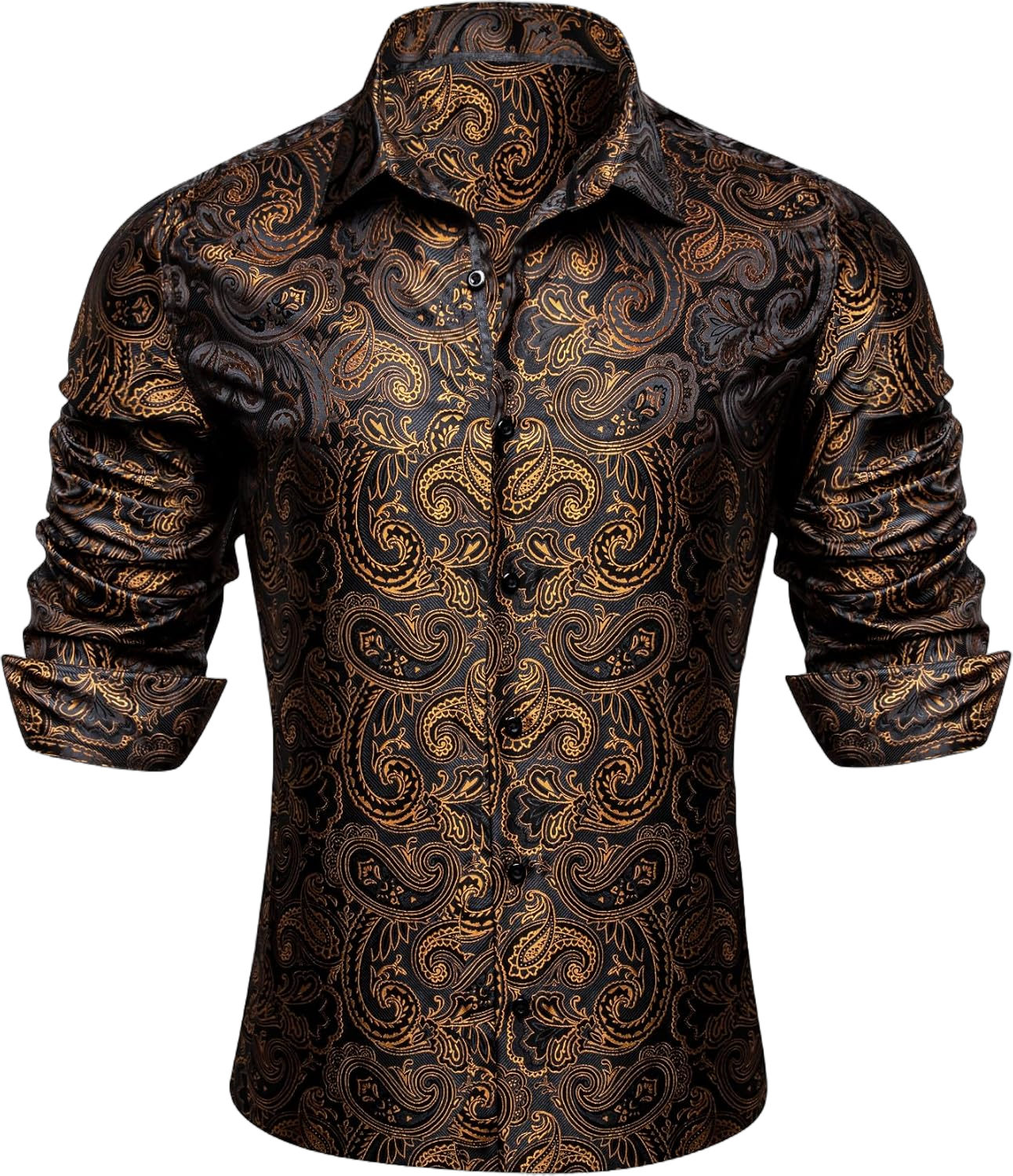 Barry.Wang Mens Mexico Shirts Silk Paisley Long Sleeve Button Down Dress Shirt Vintage Cowboy Party Wedding Casual Large Black Orange