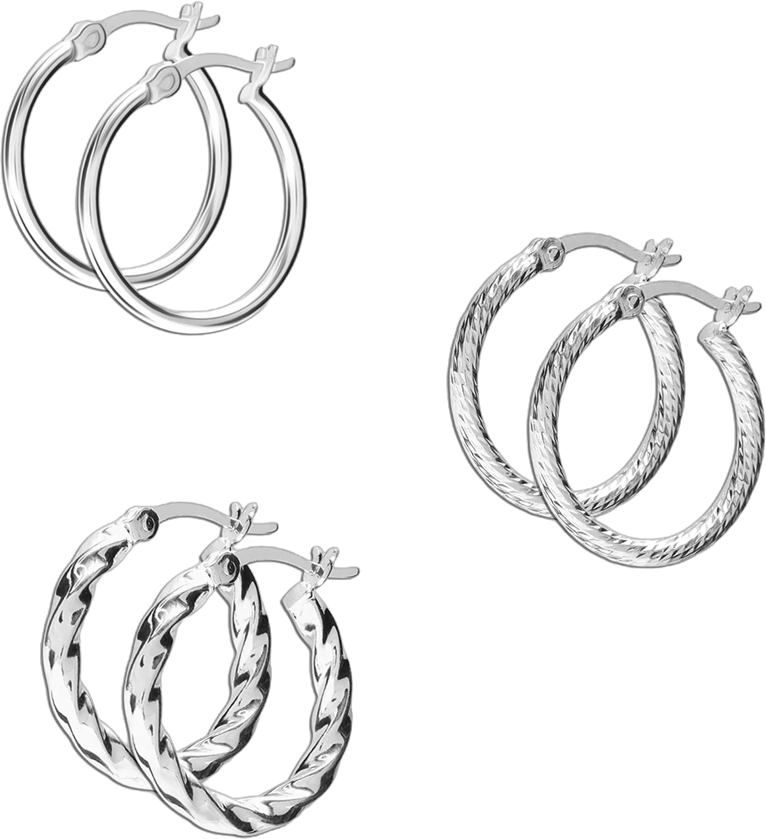 LeCalla 925 Sterling Silver Italian, Twisted and Diamond-Cut Click Top Hoop Earrings Jewelry for Women and Teen Girls SET of 3 Pair (18MM, 18MM, 18MM)