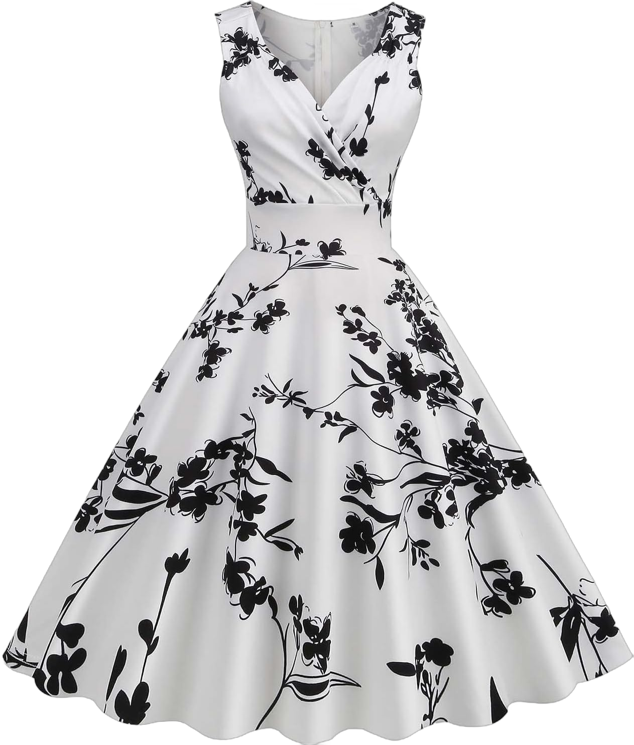 Vintage Tea Dress for Women 1950s Dress Retro Cocktail Party Swing Dresses Floral Print Sleeveless Summer Midi Dress X-Large White