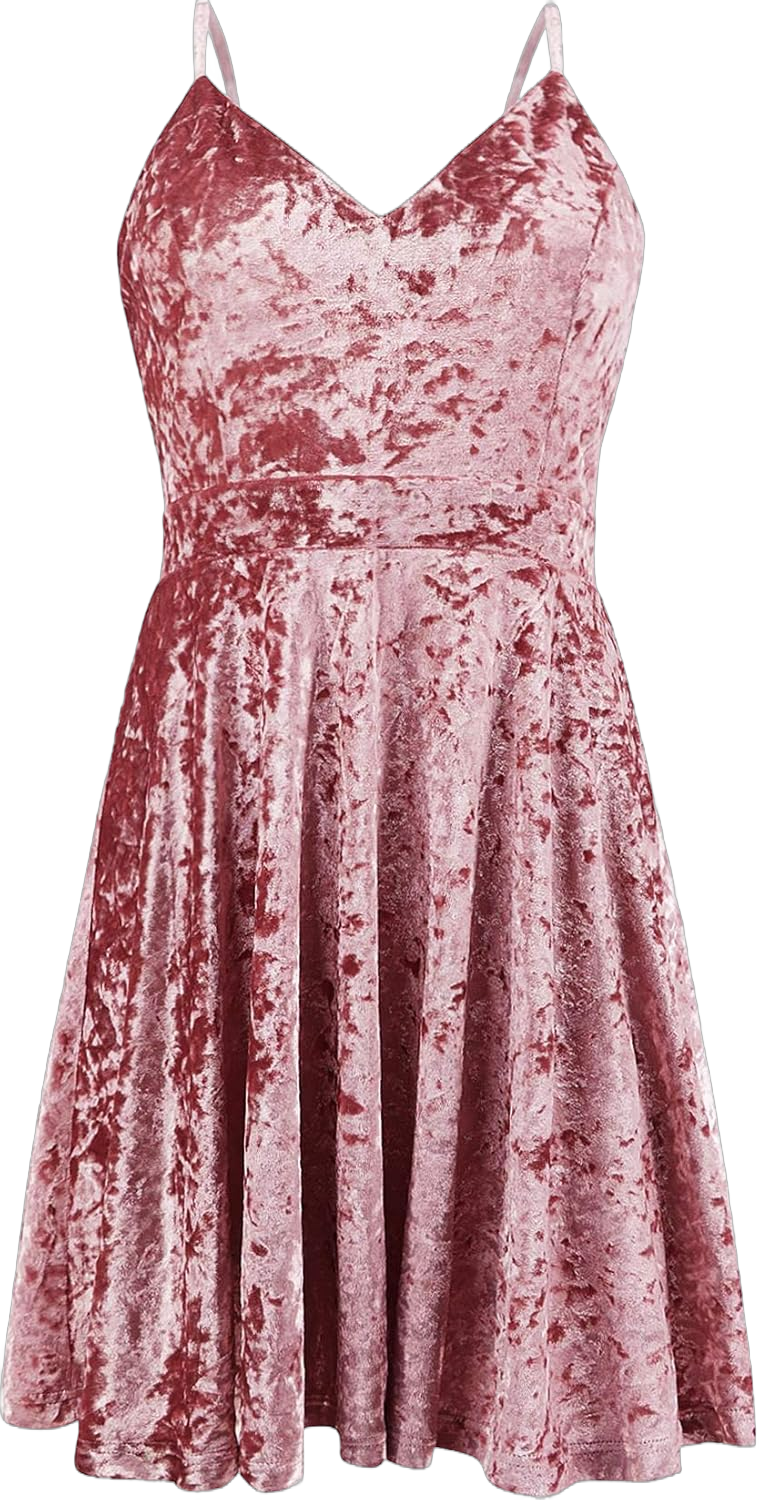 R.Vivimos Women's Crushed Velvet Spaghetti Straps Sexy V Neck Club Party Pleated Swing Skater Dress Large Pink