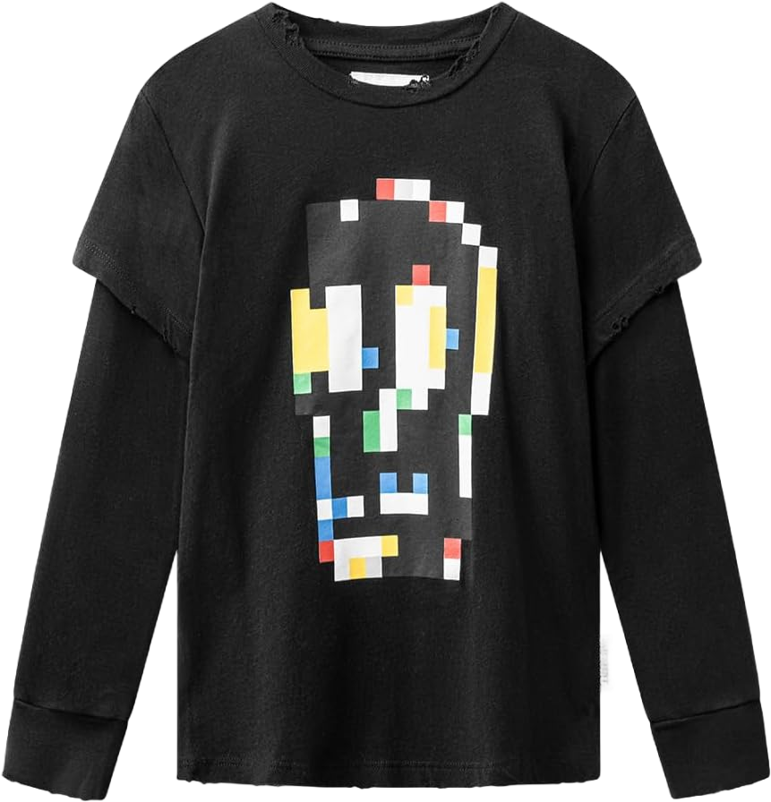 NUNUNU Unisex Long Sleeve T-Shirt for Toddlers, Kids and Teens, Boys and Girls, 100% Cotton, Cool Graphic Prints 4-5T Pixel Skull - Black