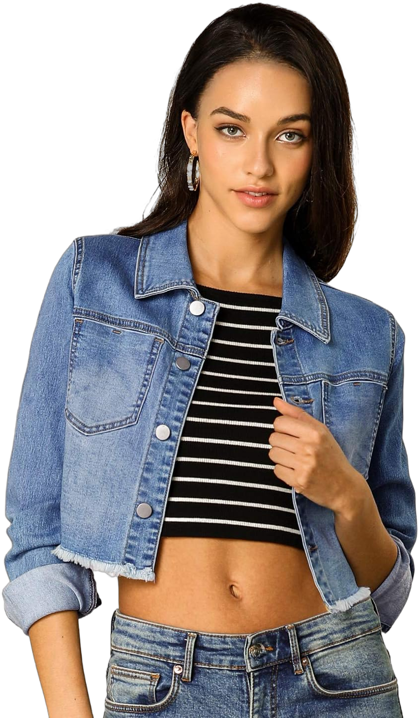 Allegra K Women's Jean Jacket Frayed Button Up Washed Cropped Denim Jacket X-Large Light Blue