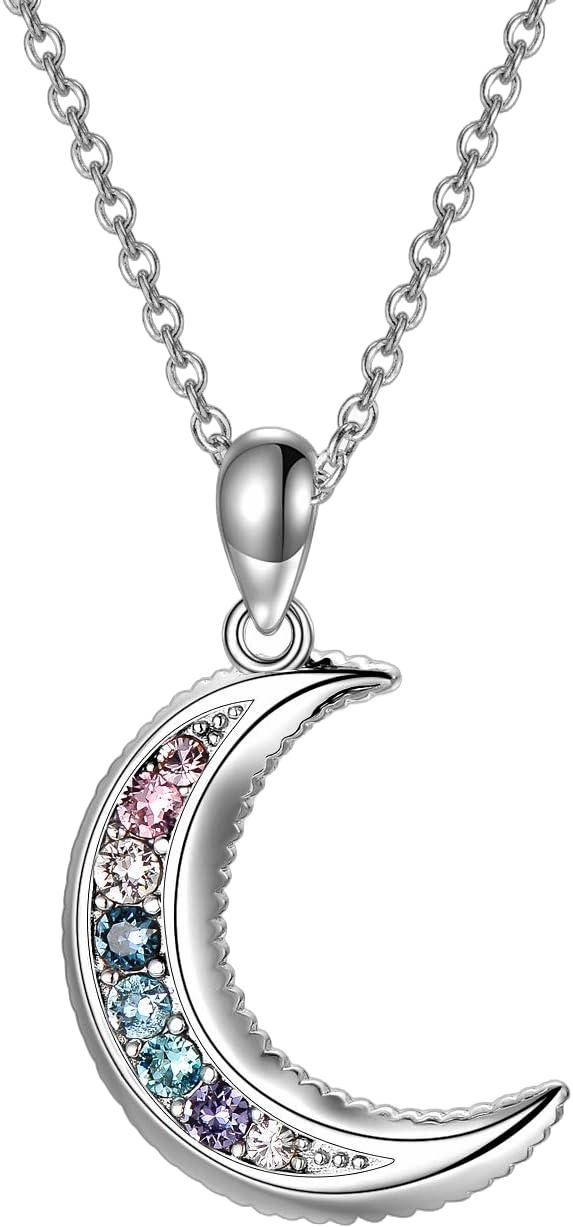 AOBOCO Sterling Silver Crescent Moon Necklace for Women, Gorgeous Multicolor Moon Pendant Embellished with Crystals from Austria, Anniversary Birthday Moon Jewelry Gifts for Lovely Ladies silver