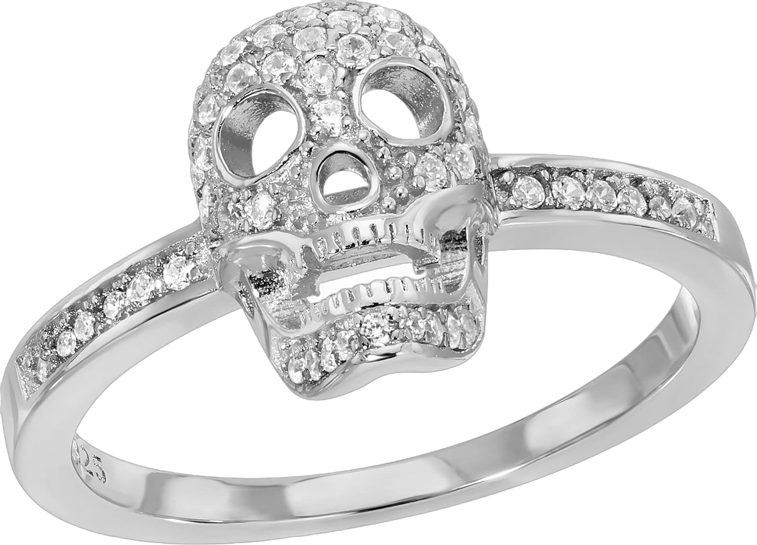 Sterling Silver 925 Skull Head Ring, Unisex Bikers Ring with CZ Stones, Minimal Jewelry, Sparkly Gothic Ring for Girls and Women 11