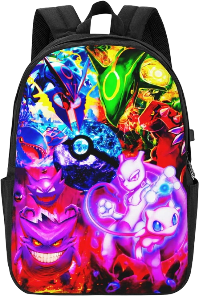 WEMYMY Pokemon Gamer School Backpack Adjustable Straps Unisex Design Dynamic Pokémon-Themed 17 Inch Anime Cartoon Backpack