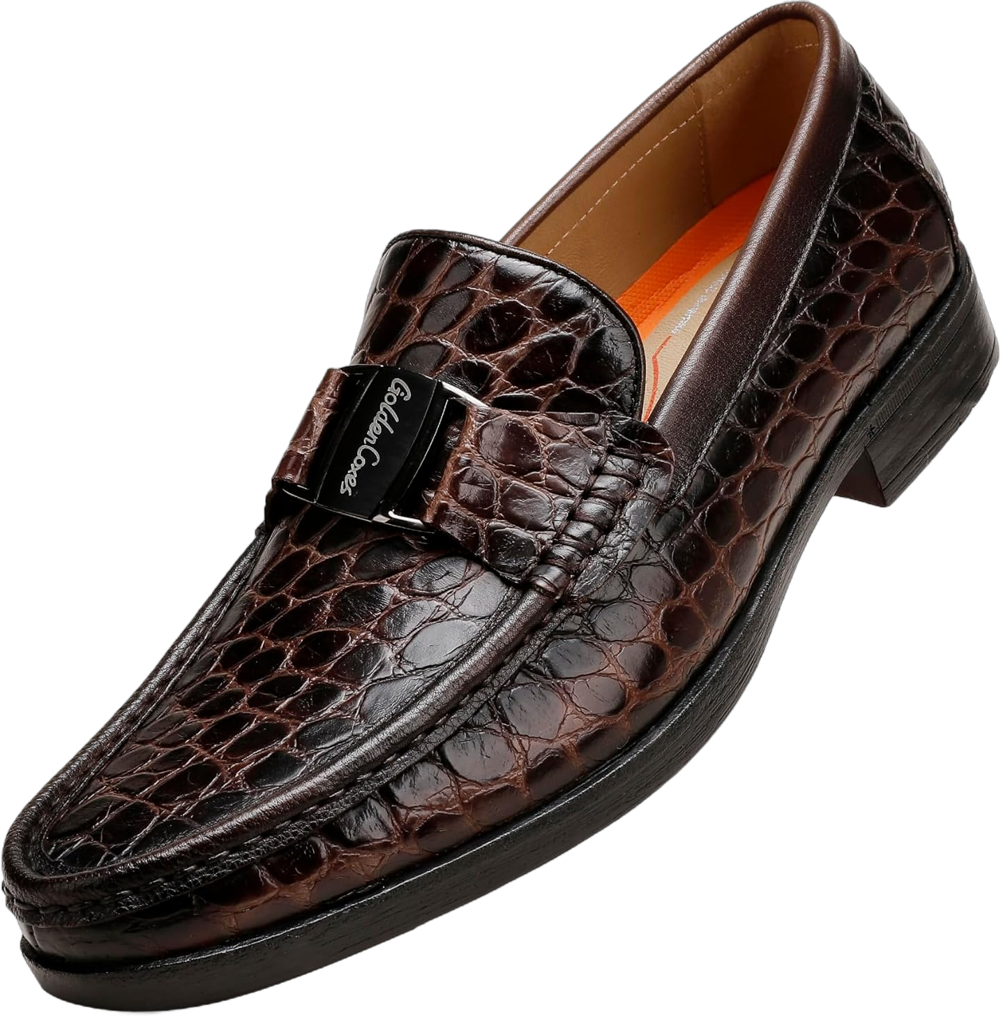 Classic Mens Leather Dress Shoes, Luxury Crocodile Printed Slip on Loafer with Matel Buckle Penny Shoes for Mens 12 Khaki