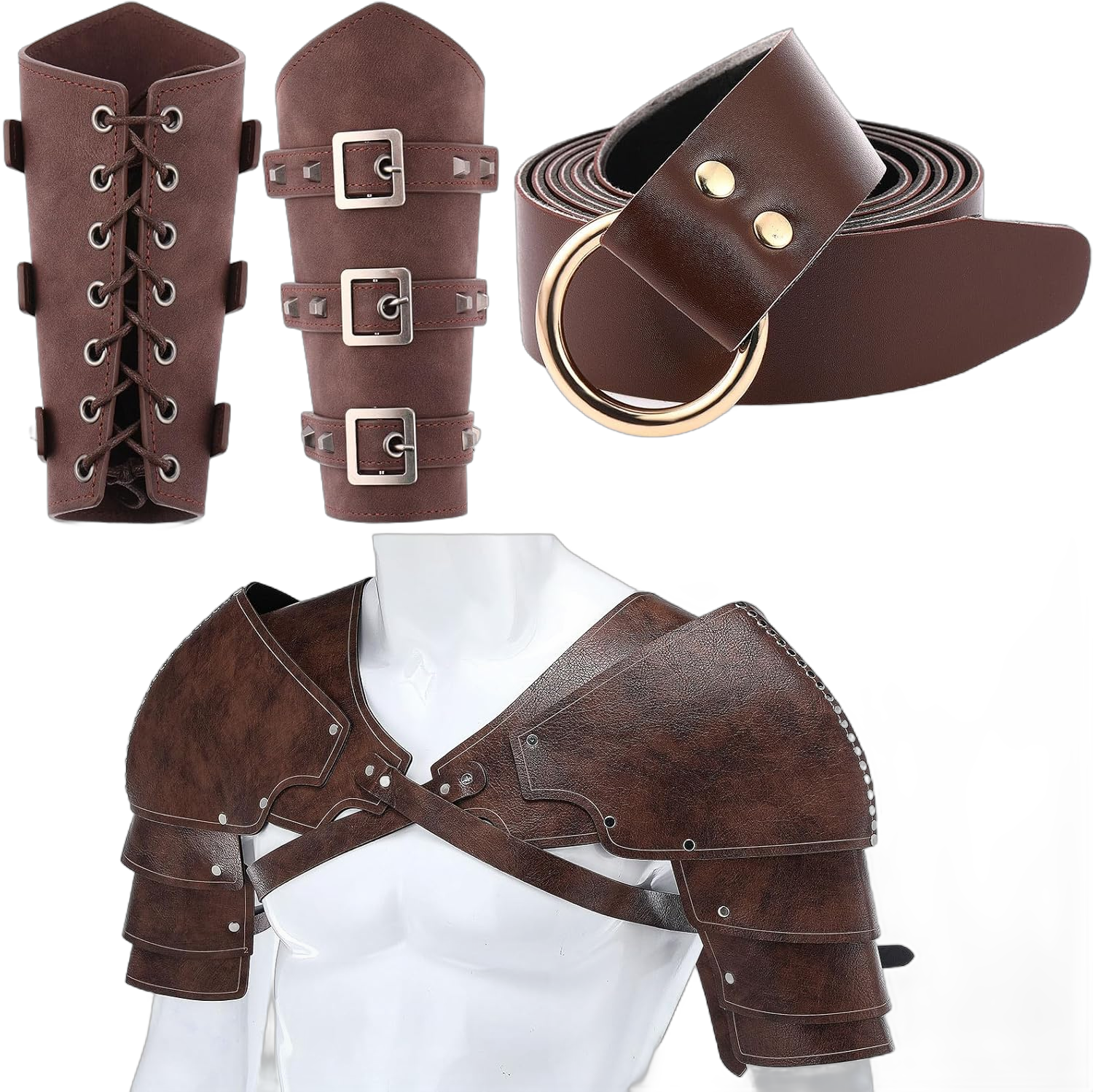 Foaincore 4 Pcs Halloween Renaissance Costume Accessories Faux Leather Body Chest Buckle Arm Bracers Medieval Ring Belt Set Steampunk Adjustable Shoulder Armor Arm Guards Men Belt for Cosplay Party