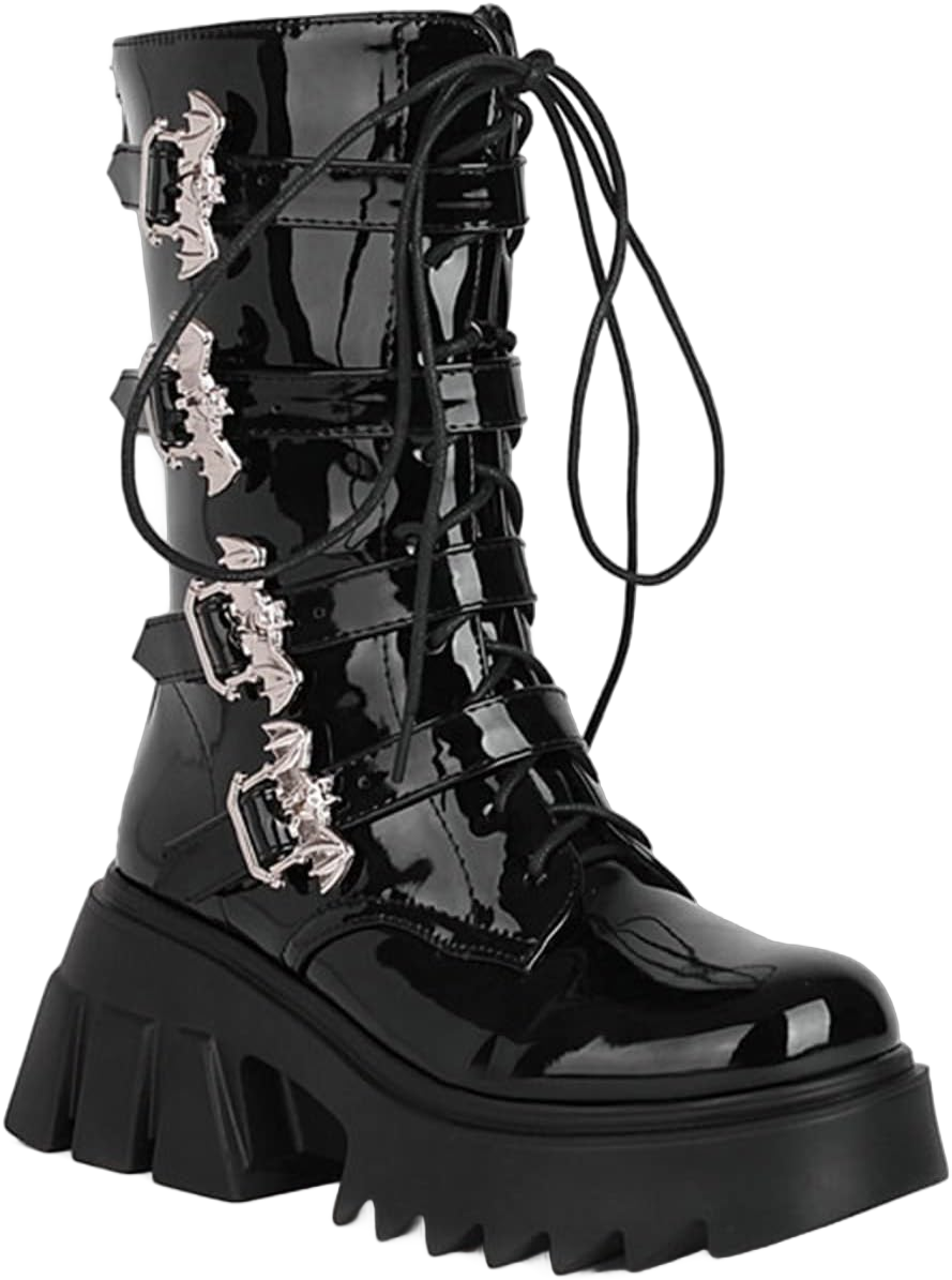 Womens Mid Calf Lace Up Ankle Boots Goth Punk Leather Ankle Strap Metal Buckle Biker Military Combat Boots 12 Black Patent Leather