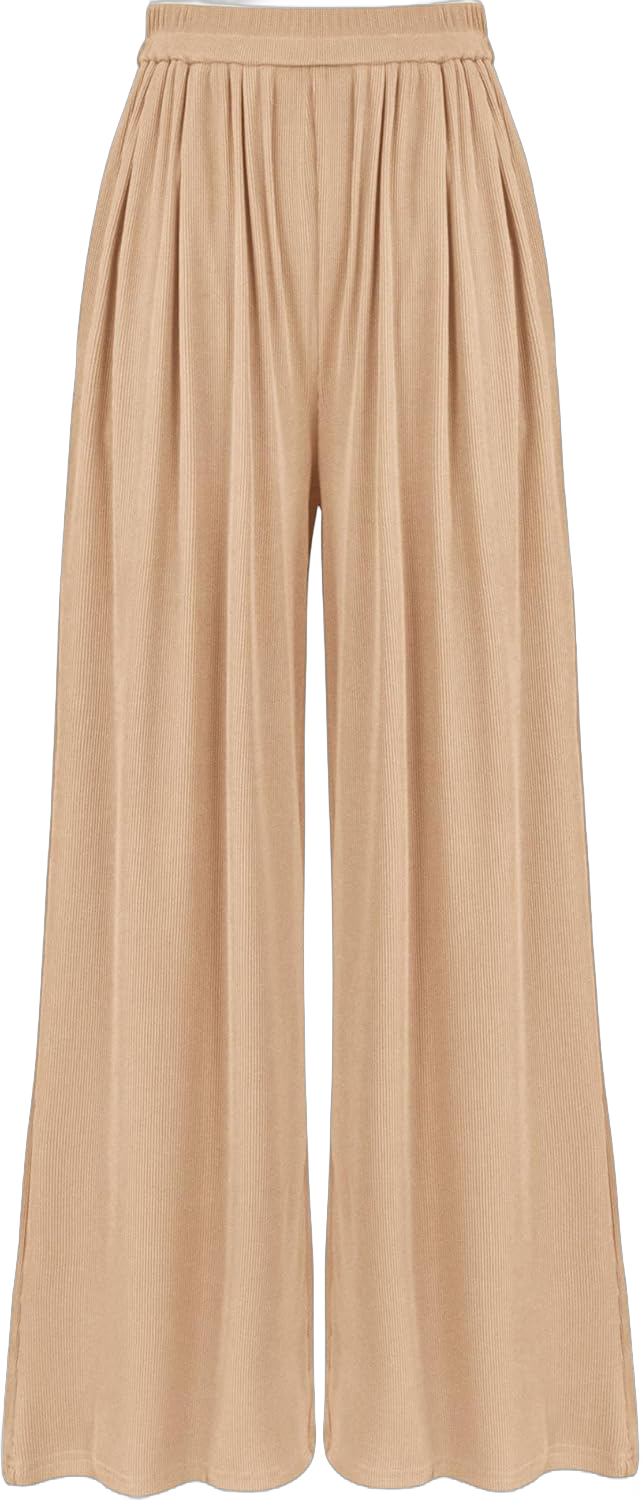 BTFBM Women's Casual Wide Leg Pants Summer Fall Clothes Pleated Elastic Waist Loose Palazzo Knit Trousers with Pockets XX-Large Solid Beige