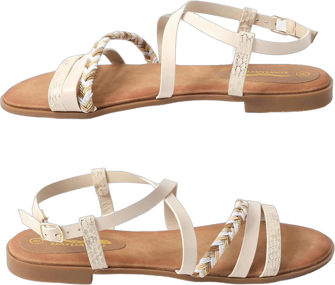 DAYDAYGO Women's Elegant Flat Sandals with Adjustable Ankle Strap and Memory Foam - Dressy and Comfortable for Summer - Fashionable and Trendy for Girls and Women - Strappy Sandal 6 Beige