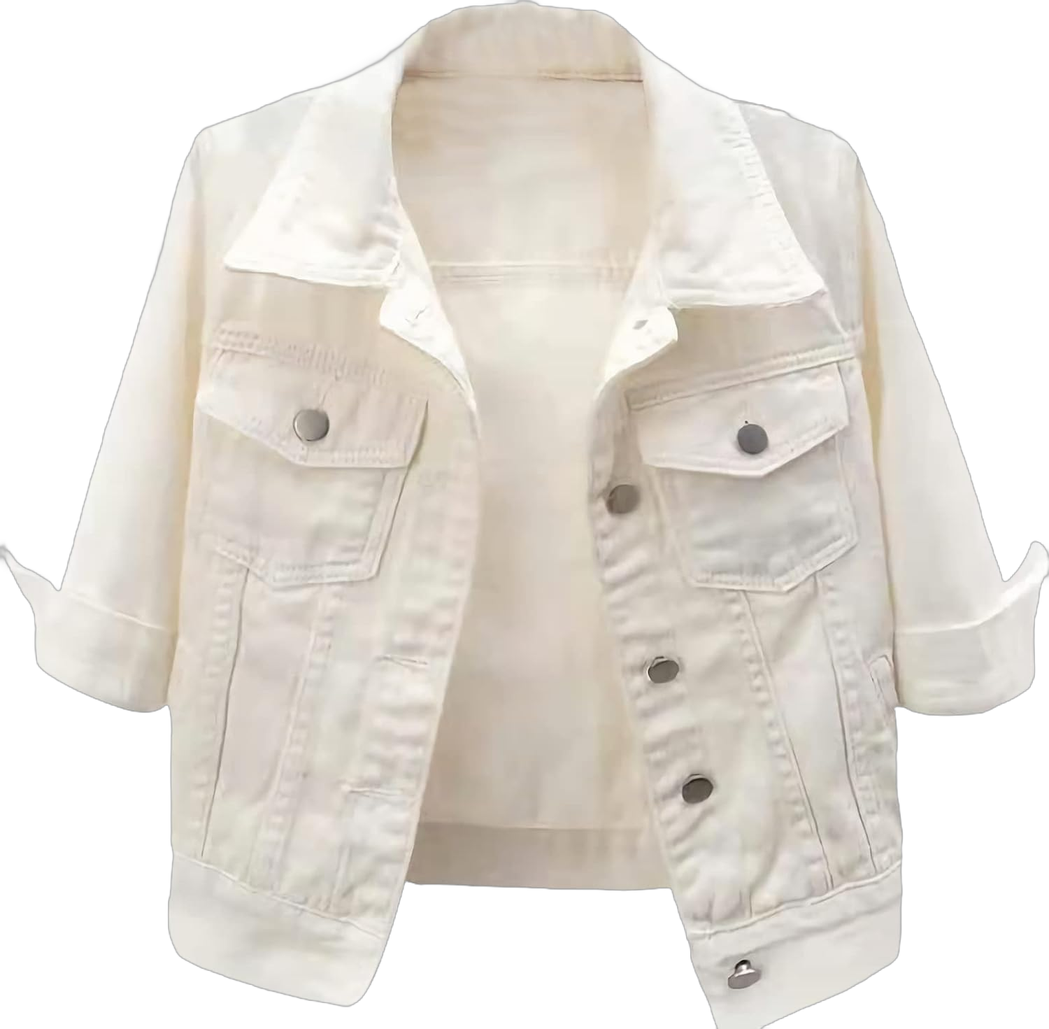 PEHMEA Women 3/4 Sleeve Denim Cropped Jacket Light Short Jean Jackets Outercoat Medium White