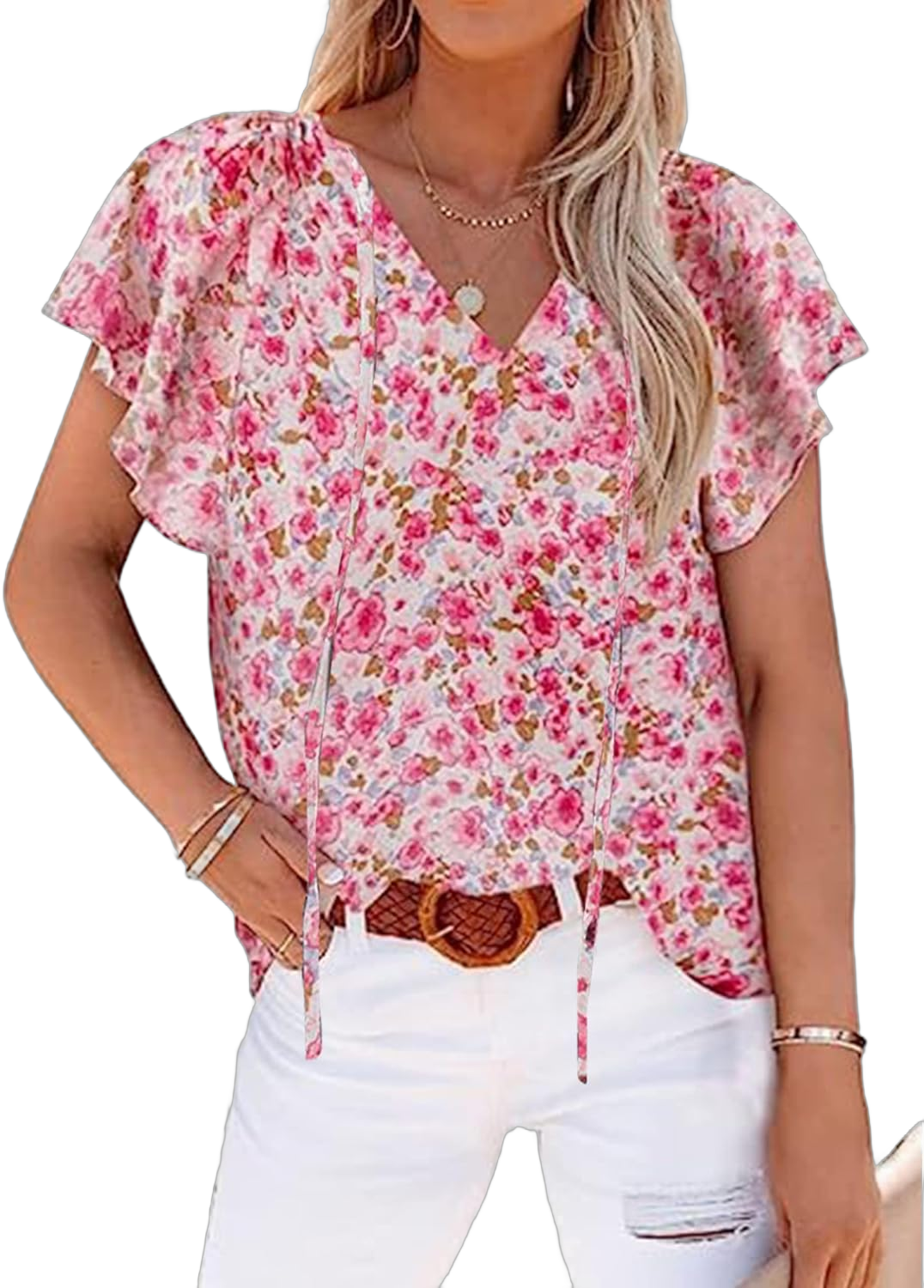 Women's Casual Floral Ruffle Short Sleeve Tops Cute Boho V Neck Loose Blouses Summer Fall Shirts 07 Pink Large