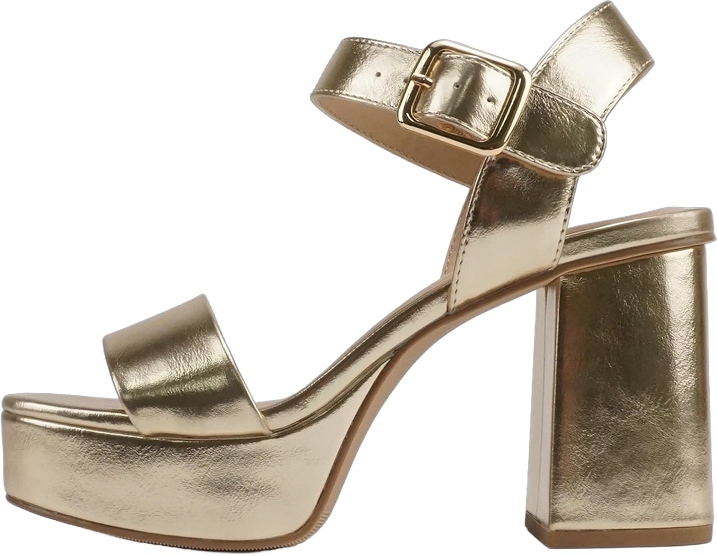 Soda “MACEY” ~ Women Open Square Toe Single Band High Heel Platform Dress Sandal with Adjustable Ankle Strap 9 Gold Metallic Pu