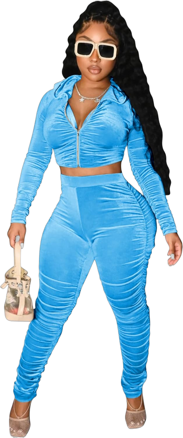 yidengymx Womens 2 Piece Velour Tracksuit Bodycon Zipper-Up Outfits for Women, Long Sleeve Crop Top Pants Jogging Sportswear Large Hoodie/Ruched-blue