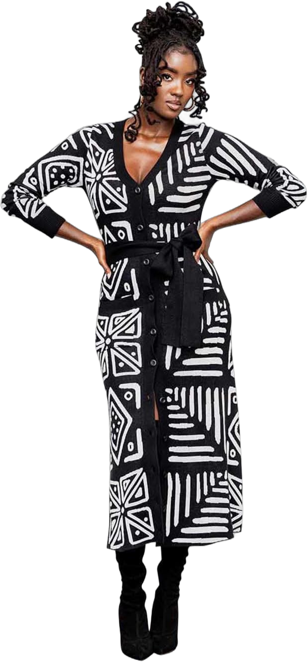 D'IYANU Aisha Women's African Culture Pattern Cardigan or Dress | Traditional Kente 1X Grayscale Tribal