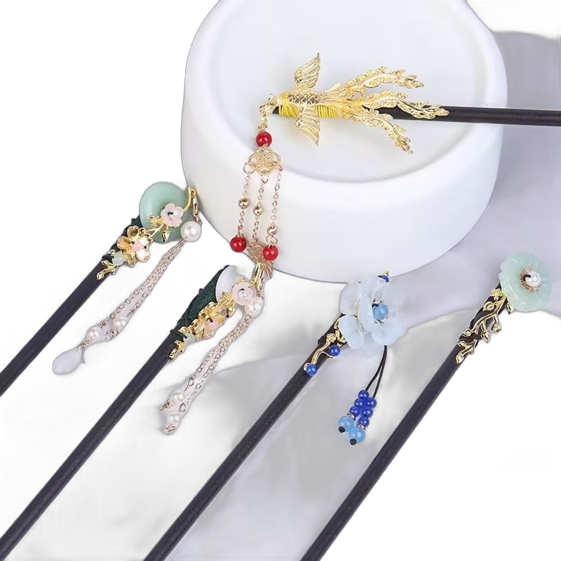 White Flower Japanese Chinese Hair Sticks Pearl Retro Wooden Hairpin Flower Hair Chopsticks Vintage Hanfu Pins Headdress Classic Hair Fork for Long Hair Women，Hair Pins，Hair Accessories，