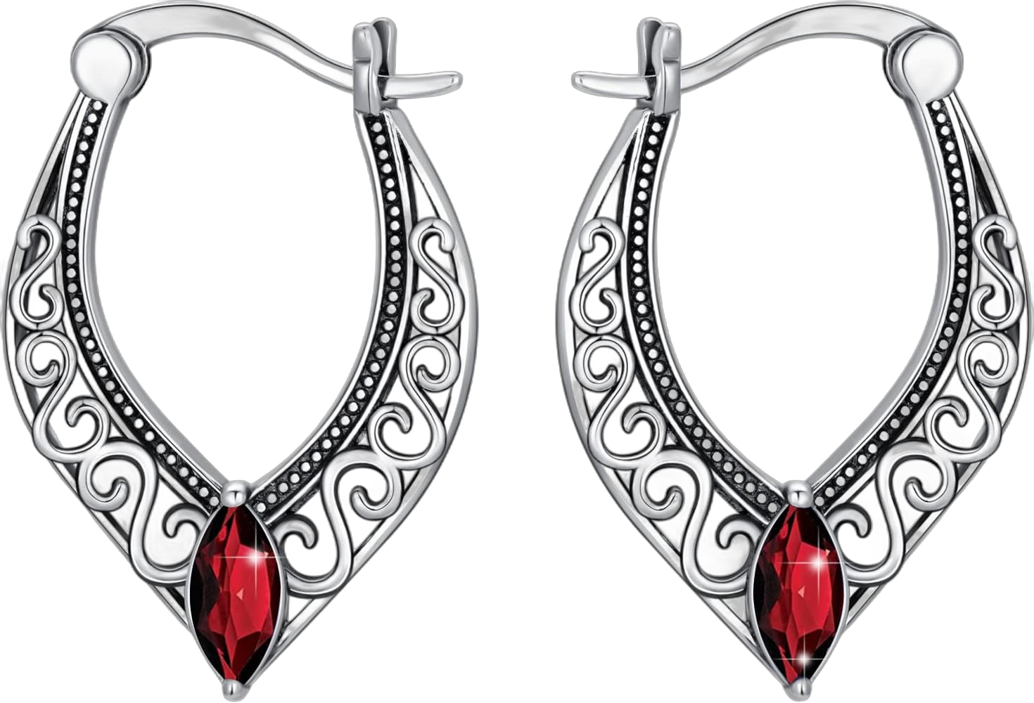 S925 Sterling Silver Vintage Filigree Hoop earrings Hanging Earrings Embellished with Crystals from Austria, hypoallergenic Click-Top earrings Jewelry Gift for Teen Girl Women Red