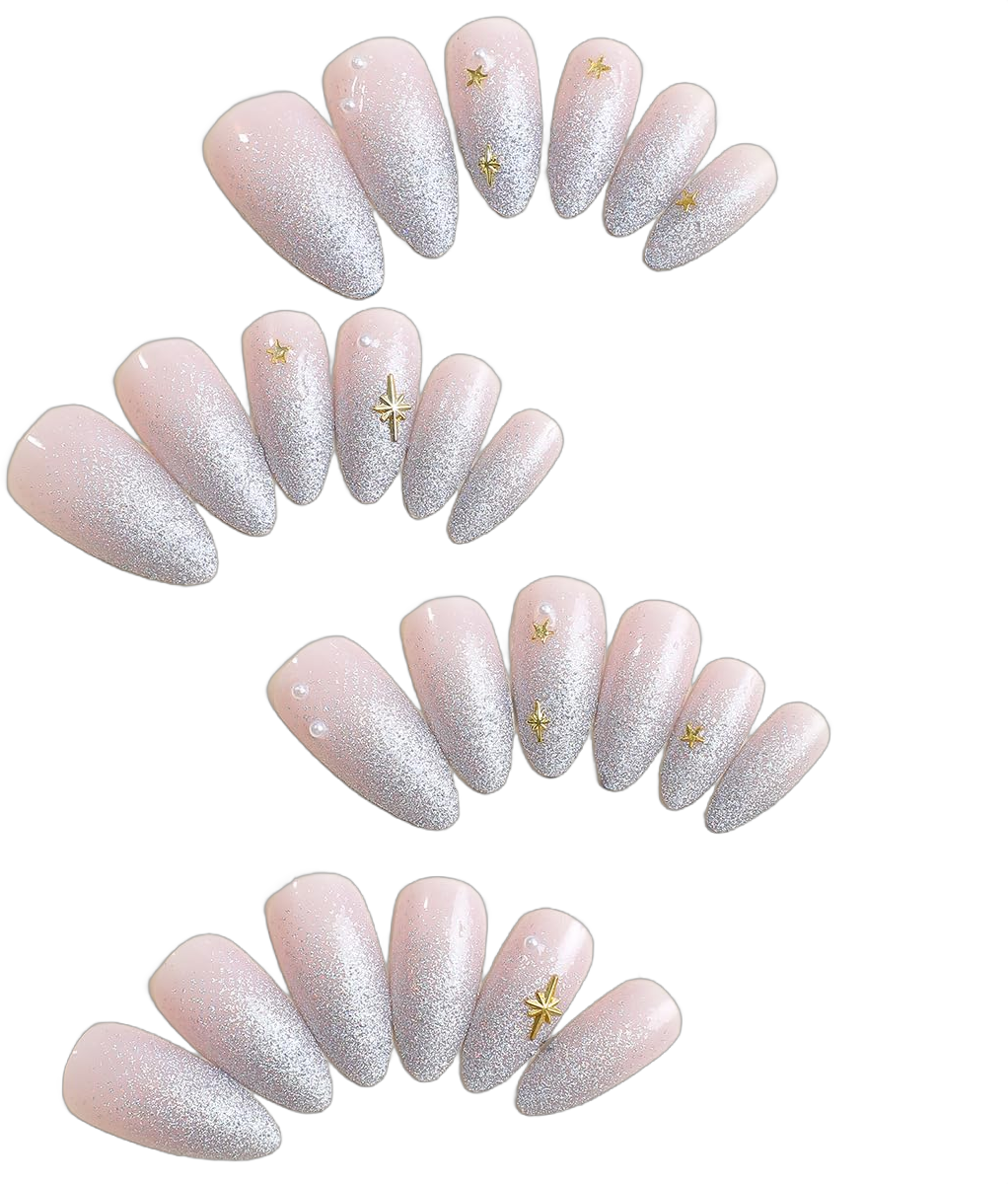 Medium Press on Nails Almond Ombre Silver Bare Fake Nails Star Pearl Bling Glue on Nails Women Stick on Nails Fantasy Acrylic Gel False Nails Wedding Birthday Medium Almond Ombre Silver Bare nsj877