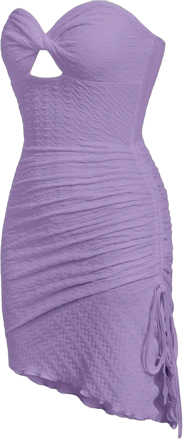 Floerns Women's Strapless Hight slit Asymmetrical Hem Twist Front Cutout Drawstring Party Clubwear Tube Bodycon Mini Dress Small Lilac Purple