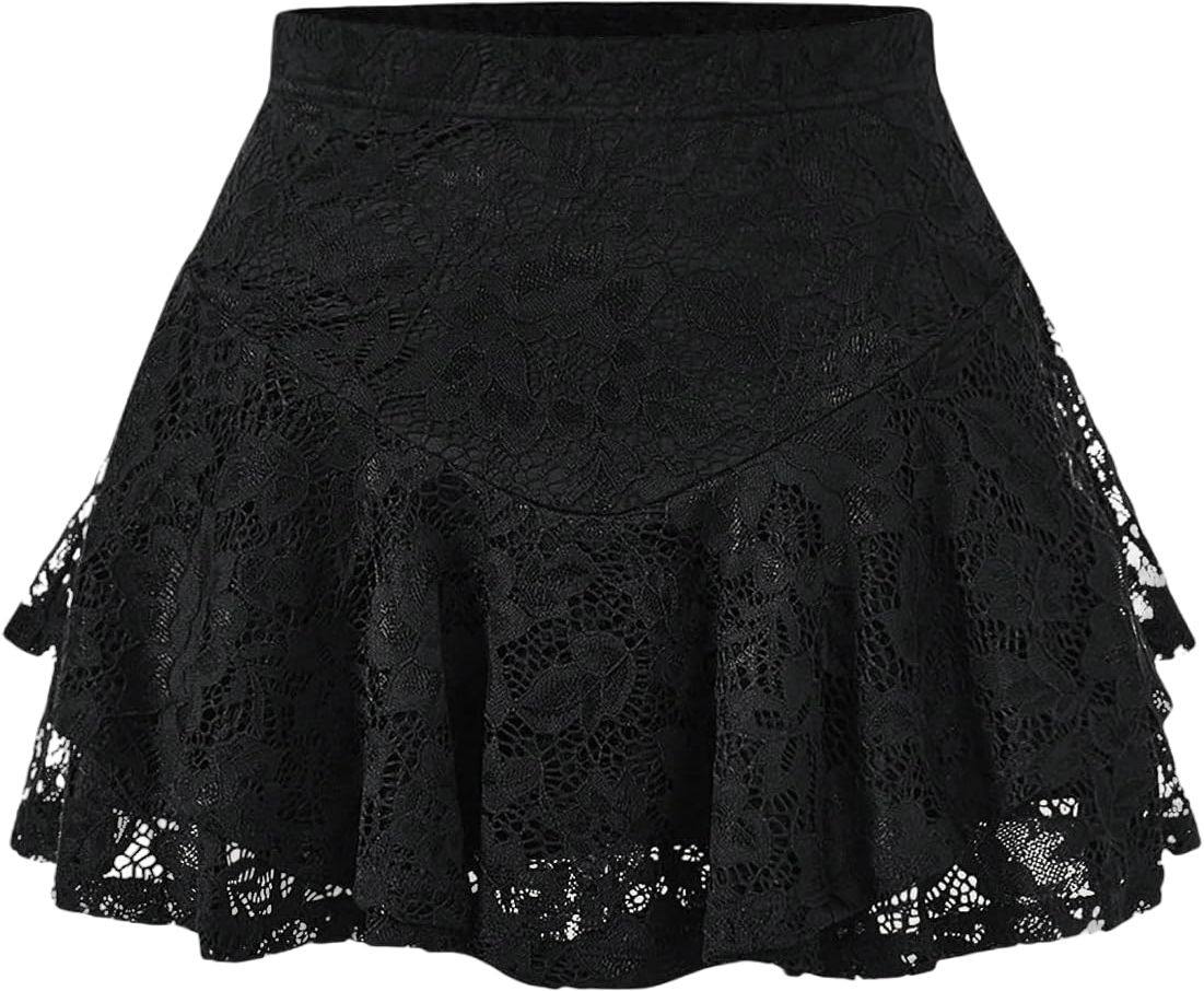 Milumia Women Y2k Lace Ruffle Mini Skirt Trendy Mid Waist Flared A Line Short Skirts Medium Black