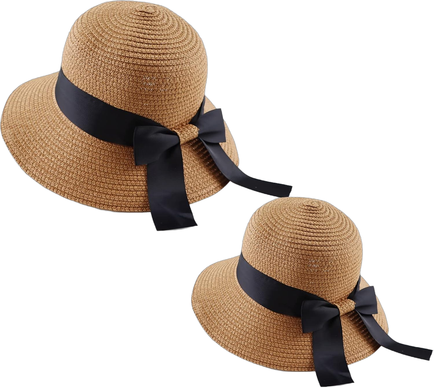 Zsedrut Women,Little Girls Straw Sun Hat Summer Beach Cap Foldable Visor Floppy Hats Wide Brim with Bowknot Mother+Child Khaki