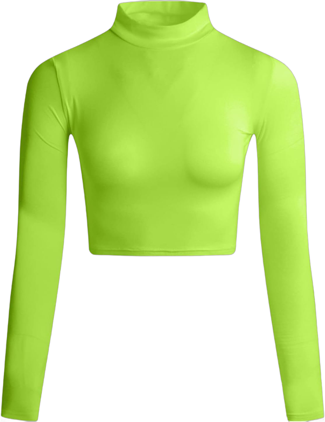 LONGBIDA Women's Long Sleeve Mock Neck Pure Soft Thin Sexy Stretch Crop TOP T Shirt Neon Green Large