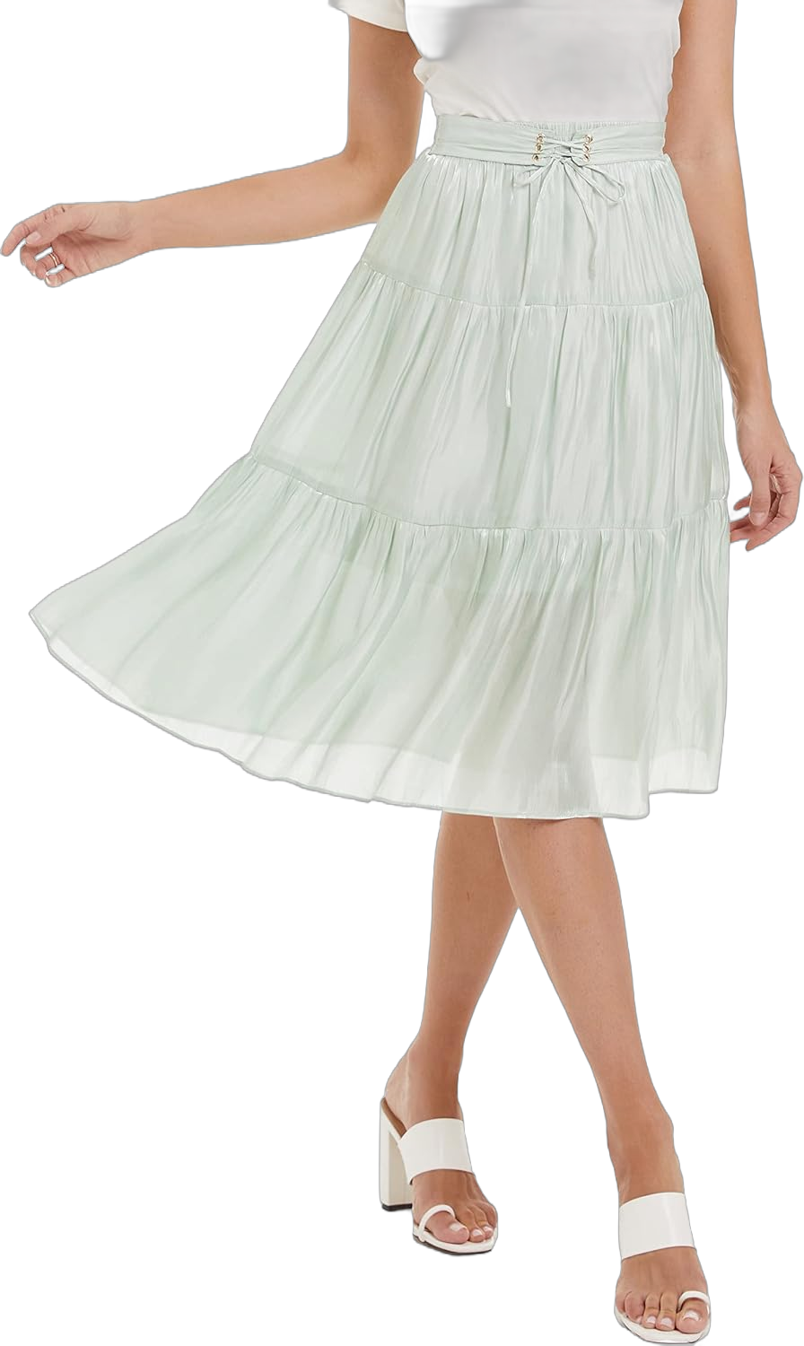 DIASHINY A-Line Pleated Midi Skirt for Women Casual High Waist Swing Solid Skirts Large Light Green 055