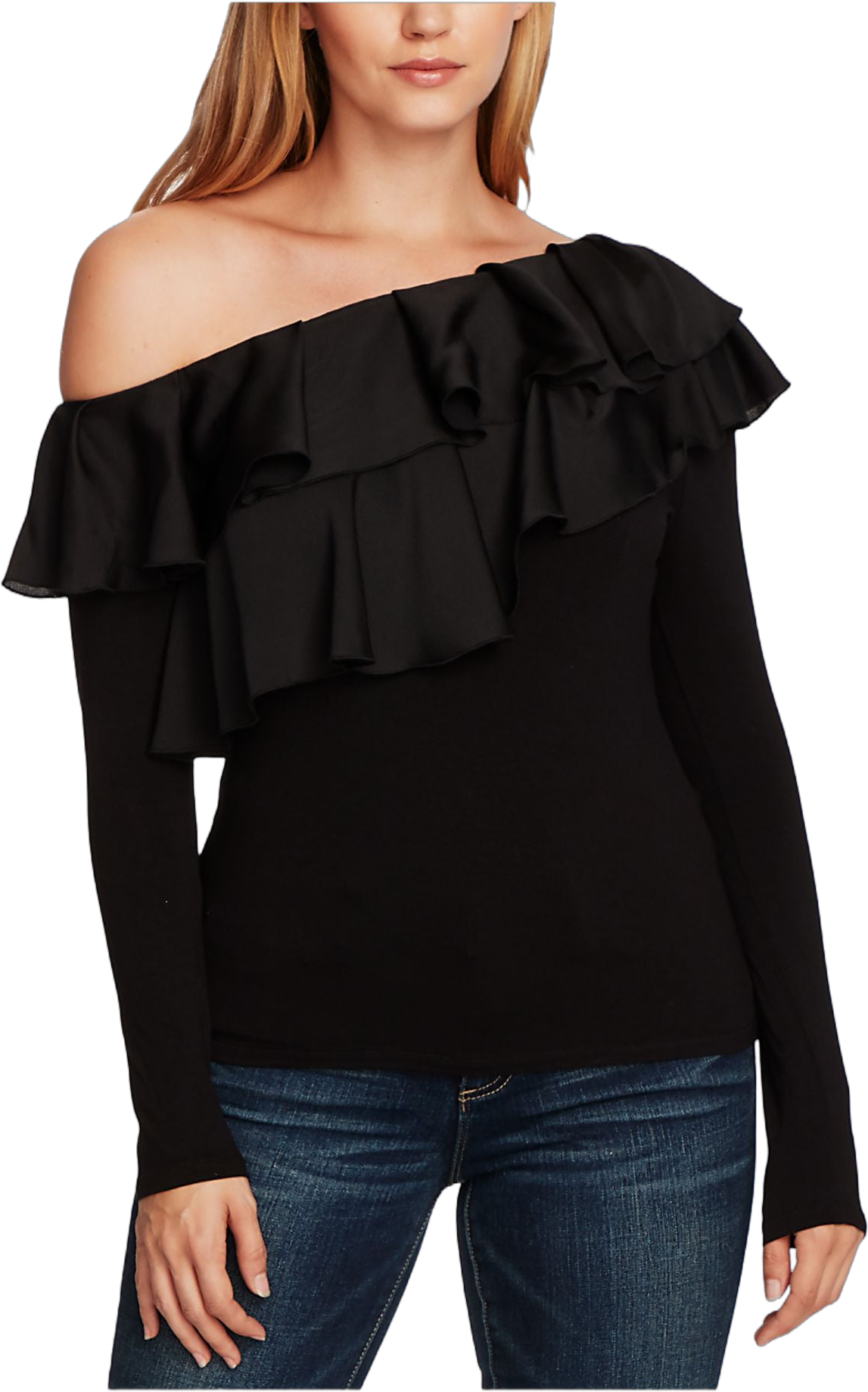 VINCE CAMUTO Womens Black Ruffled Long Sleeve Off Shoulder Top Size: XL