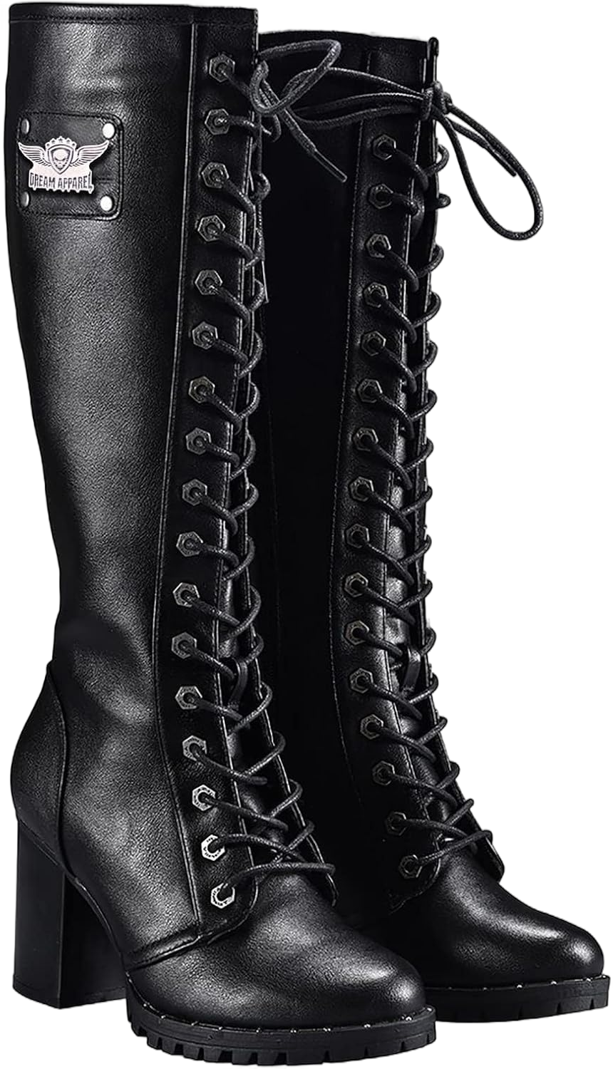 Dream Apparel Women's Faux Leather Lace Up Knee High Boots, Black Motorcycle Riding Boots with Chunky Heel, Sexy Biker Boots with Side Zipper