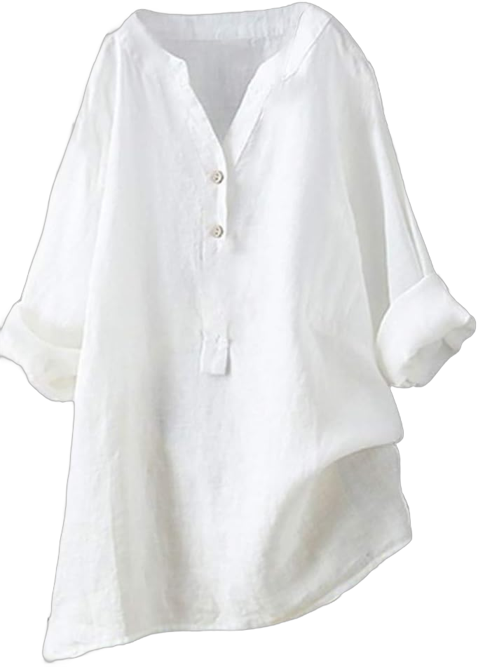 Womens Cotton Linen Shirts Solid Color 3/4 Sleeve Tunic Tops Oversized Tshirts for Women Casual V Neck Dressy Blouses White-8 X-Large