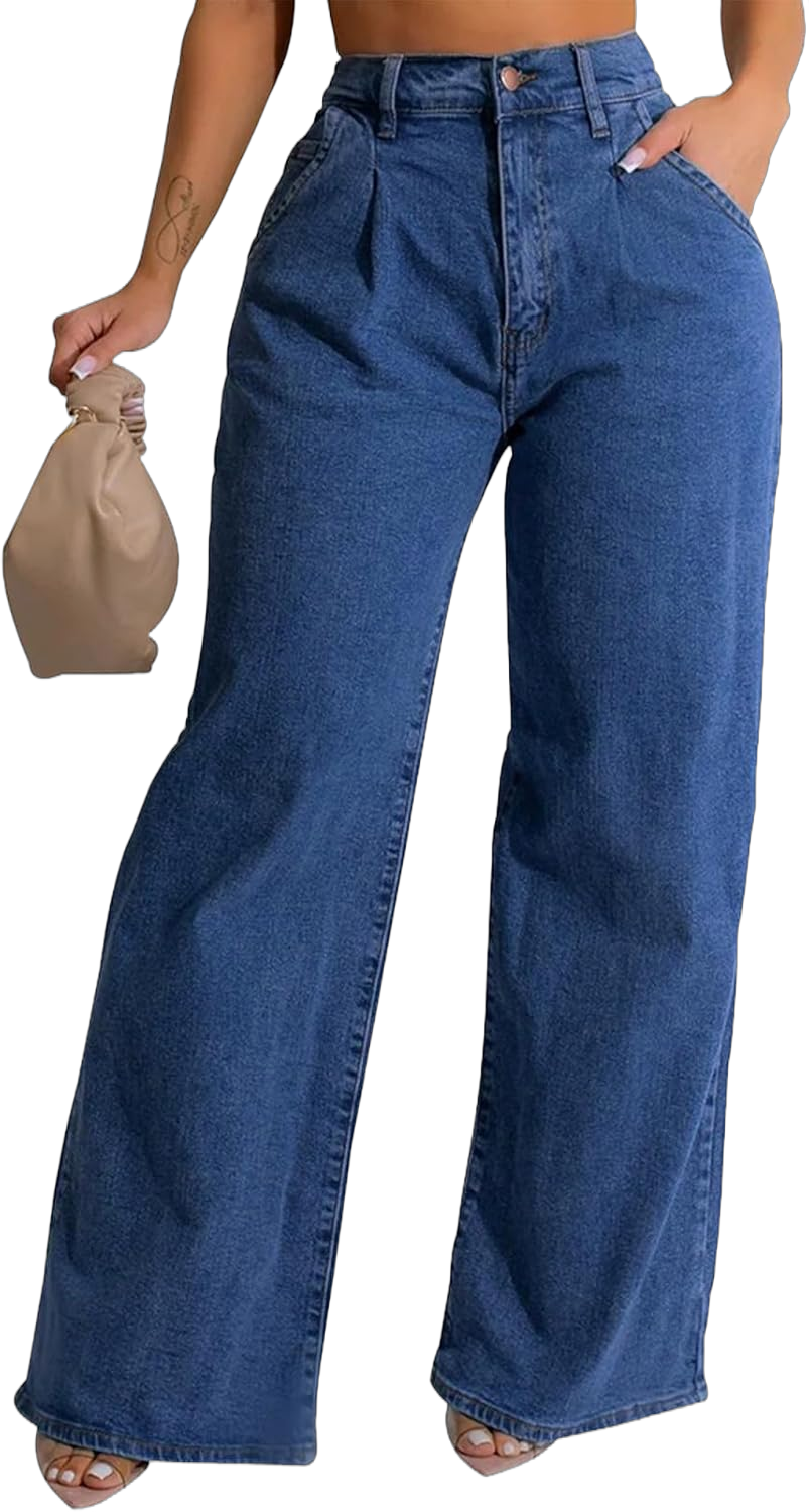 Women's Casual Straight Leg Jeans High Waist Stretchy Classic Denim Pants with Pocket Navy Blue Medium