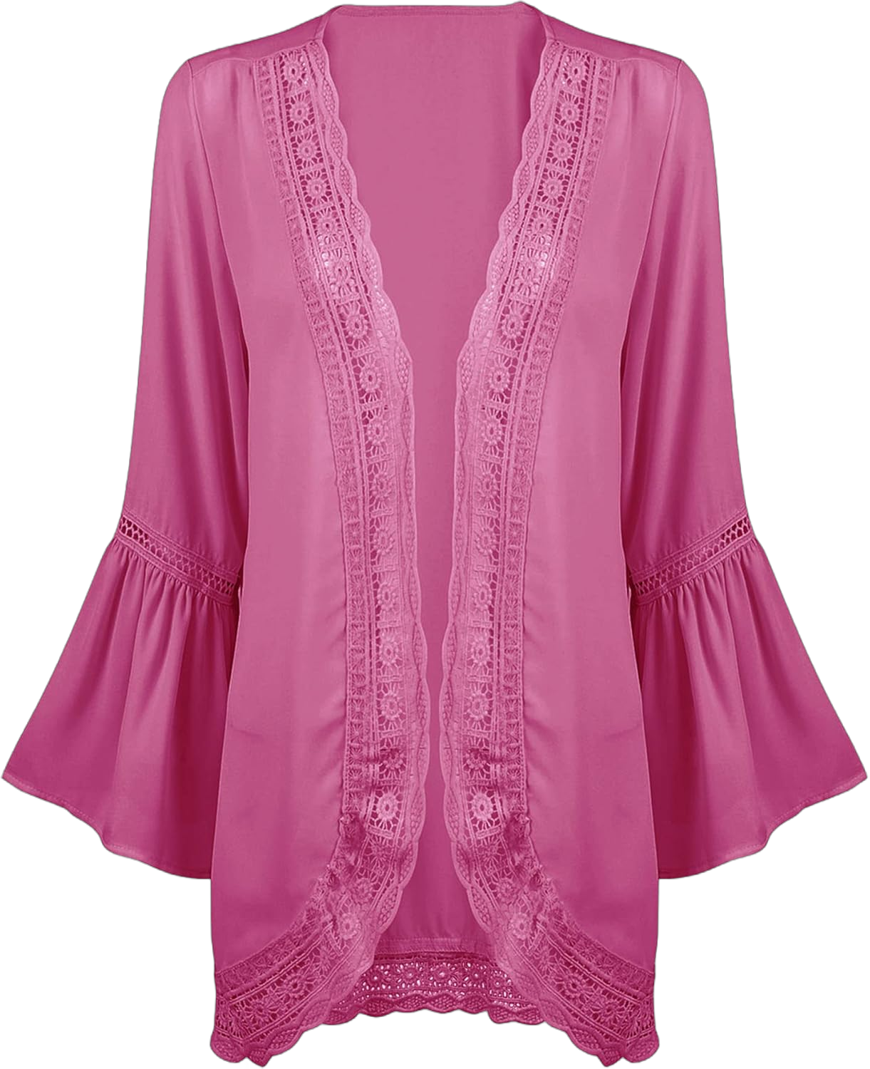 PRETTODAY Women's Summer Kimono Cardigans Ruffle Bell Sleeve Sweaters Lace Cover Up Loose Blouse Tops X-Large Neon Pink