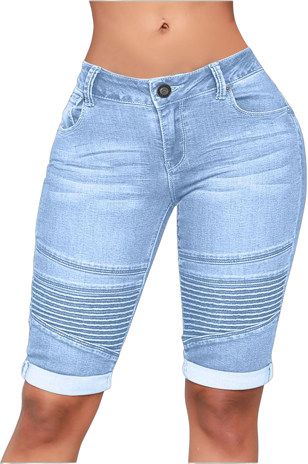 HGps8w 2025 Summer Womens High Waisted Bermuda Jean Shorts Stretchy Butt-Lifting Wrinkle Capris Denim Shorts with Pockets Large 01 Light Blue