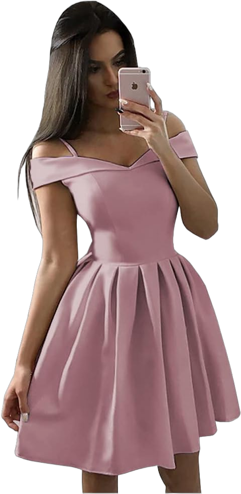 OFEECHUN Women's Off The Shoulder Satin Homecoming Dresses Short A Line Cocktail Prom Party Gowns with Pockets 18 Plus Dusty Rose