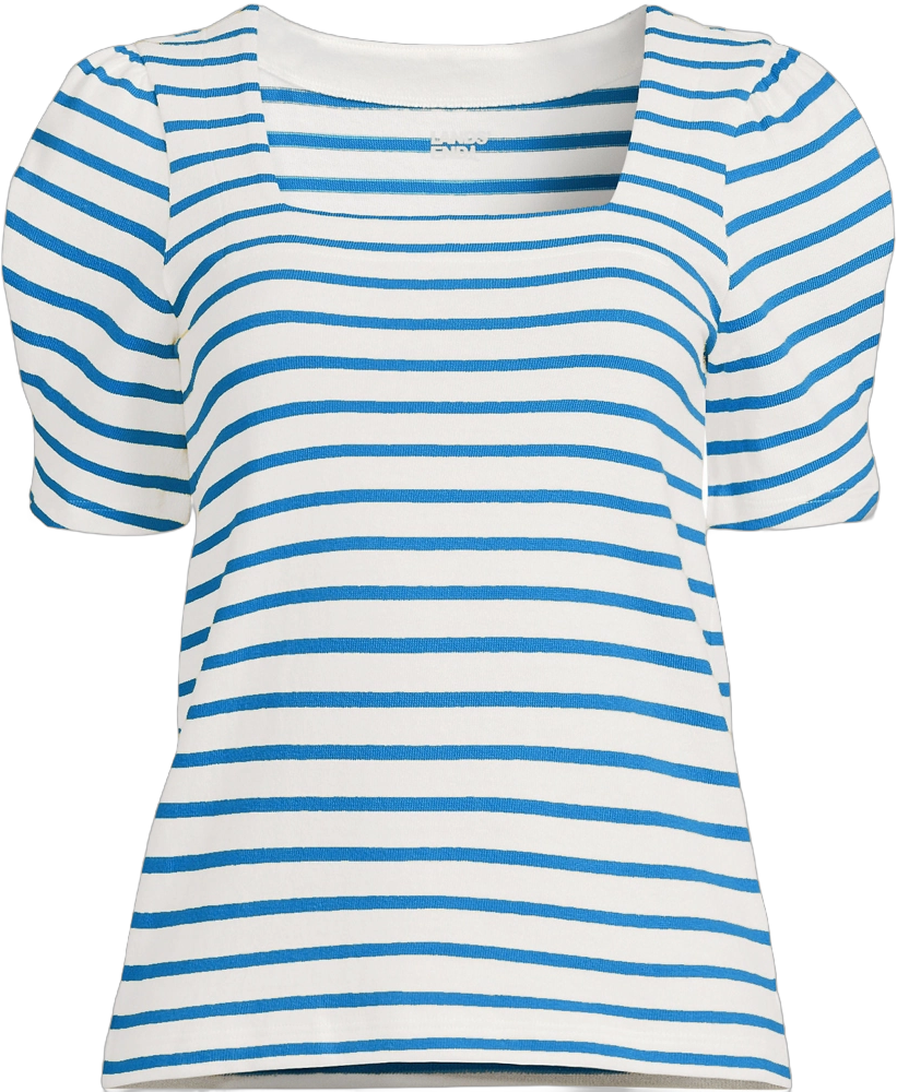 Lands' End Women's Puff Sleeve Mariner Square Neck Top - Large - Ivory/Vista Blue Breton Stripe