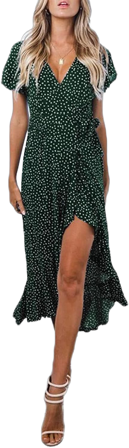 ZESICA Women's Summer Bohemian Floral Printed Wrap V Neck Beach Party Flowy Ruffle Midi Dress Medium Forestgreen