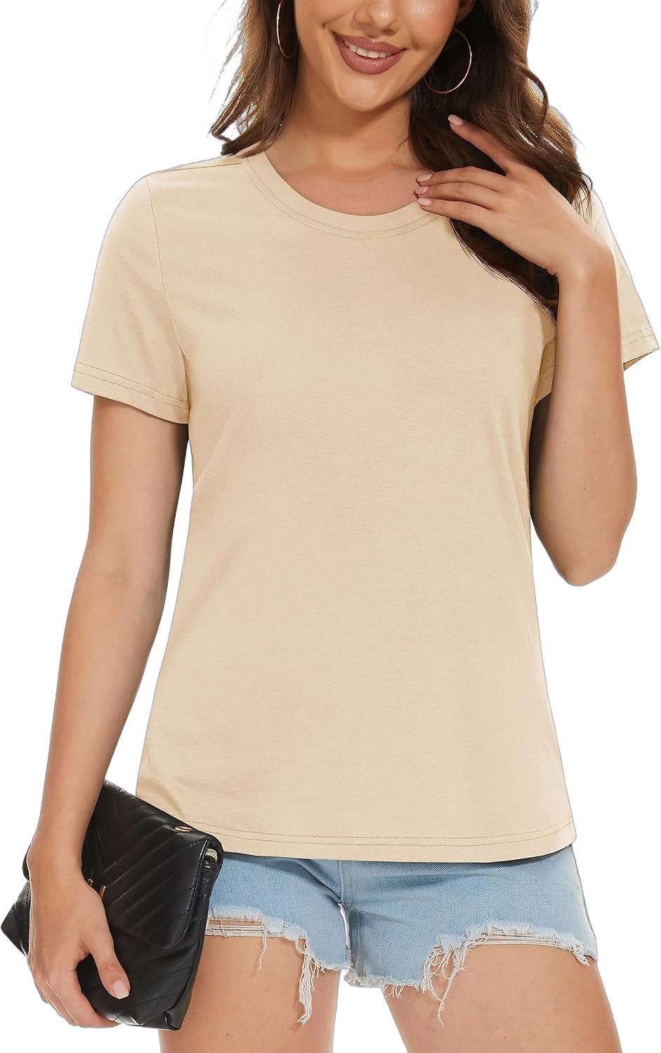 MAGCOMSEN Women's T-Shirts Cotton Short-Sleeve Shirts Crew-Neck Tees Classic-Fit Breathable Casual Summer Tops Medium Light Apricot